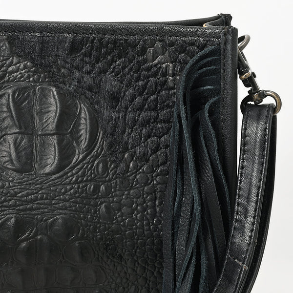 ADBG1565D American Darling Western Leather Crossbody Bag with Fringe & Croc Embossed Detailing Black