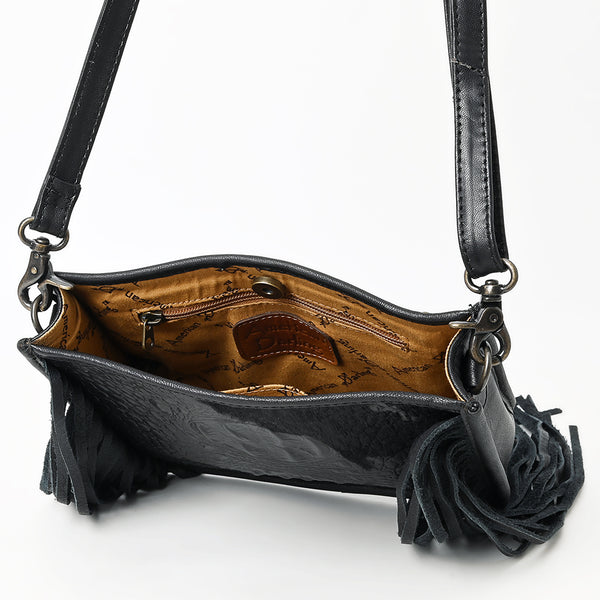 ADBG1565D American Darling Western Leather Crossbody Bag with Fringe & Croc Embossed Detailing Black