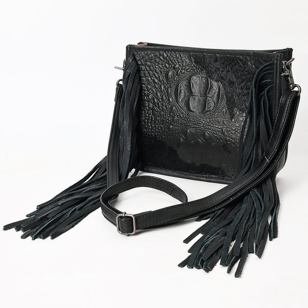 ADBG1565D American Darling Western Leather Crossbody Bag with Fringe & Croc Embossed Detailing Black