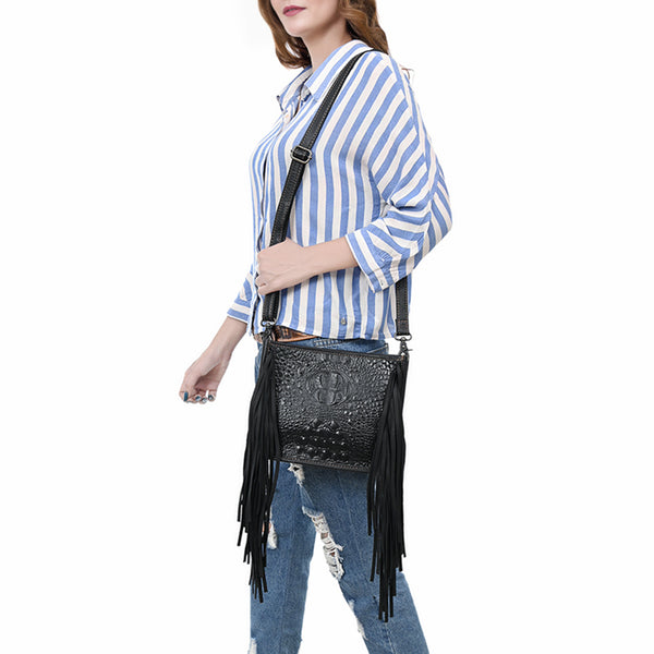 ADBG1579 American Darling Western Genuine Leather Cross Body Bag with Fringes and Crocodile Embossed Detailing
