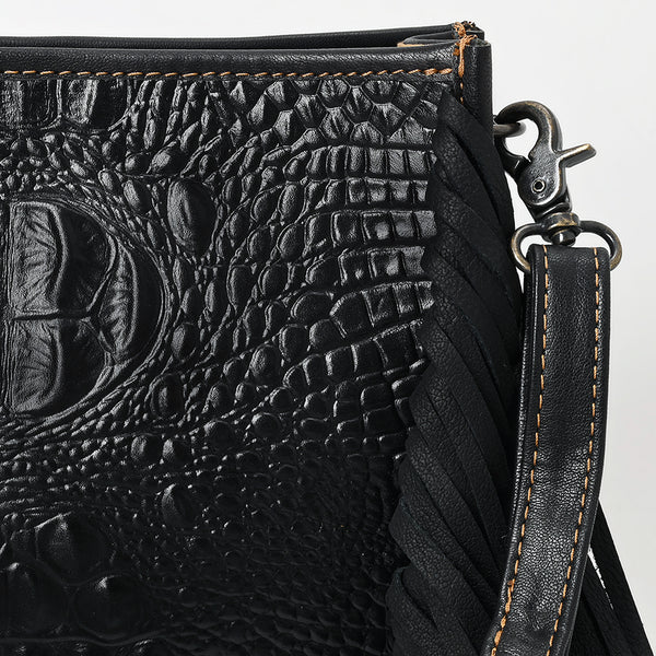 ADBG1579 American Darling Western Genuine Leather Cross Body Bag with Fringes and Crocodile Embossed Detailing