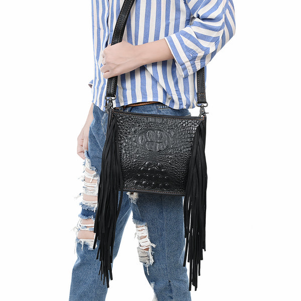 ADBG1579 American Darling Western Genuine Leather Cross Body Bag with Fringes and Crocodile Embossed Detailing