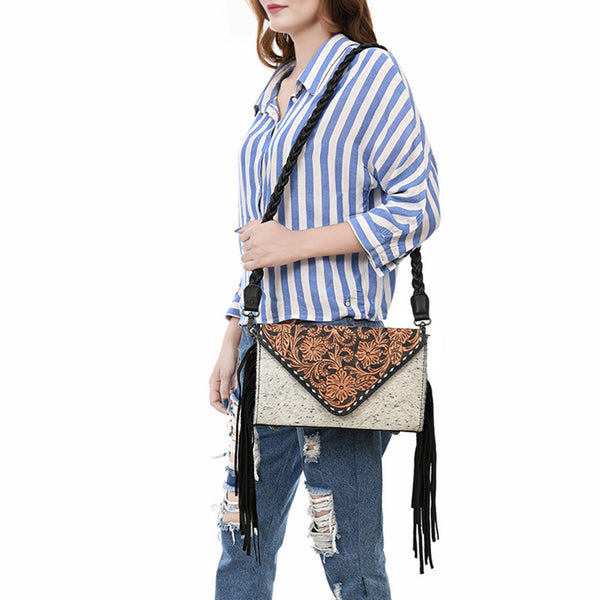 ADBG1582 American Darling Western Hand-Tooled Floral Envelop Bag with Hair-On Cowhide and Braided Strap