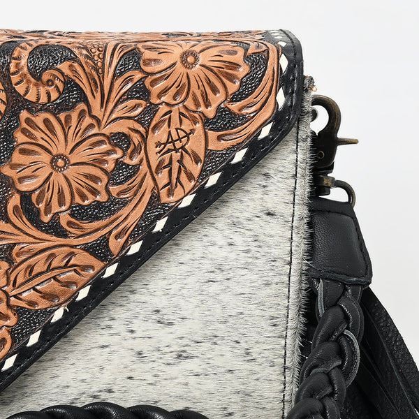 ADBG1582 American Darling Western Hand-Tooled Floral Envelop Bag with Hair-On Cowhide and Braided Strap