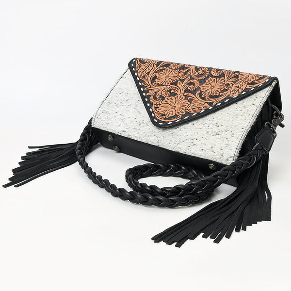 ADBG1582 American Darling Western Hand-Tooled Floral Envelop Bag with Hair-On Cowhide and Braided Strap