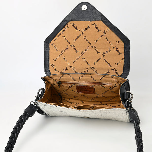 ADBG1582 American Darling Western Hand-Tooled Floral Envelop Bag with Hair-On Cowhide and Braided Strap
