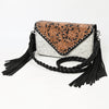 ADBG1582 American Darling Western Hand-Tooled Floral Envelop Bag with Hair-On Cowhide and Braided Strap