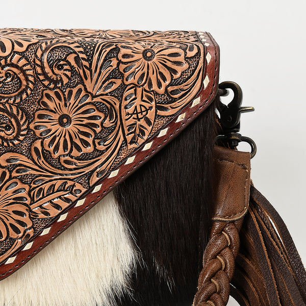 ADBG1582 American Darling Western Hand-Tooled Floral Envelop Bag with Hair-On Cowhide and Braided Strap
