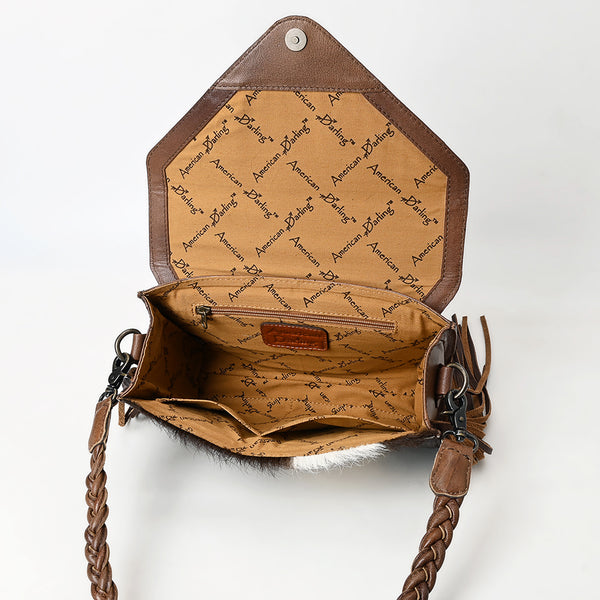 ADBG1582 American Darling Western Hand-Tooled Floral Envelop Bag with Hair-On Cowhide and Braided Strap