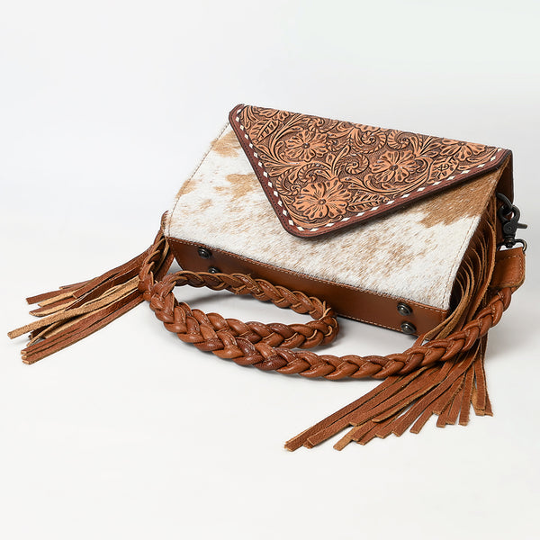 ADBG1582 American Darling Western Hand-Tooled Floral Envelop Bag with Hair-On Cowhide and Braided Strap