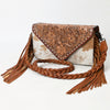ADBG1582 American Darling Western Hand-Tooled Floral Envelop Bag with Hair-On Cowhide and Braided Strap