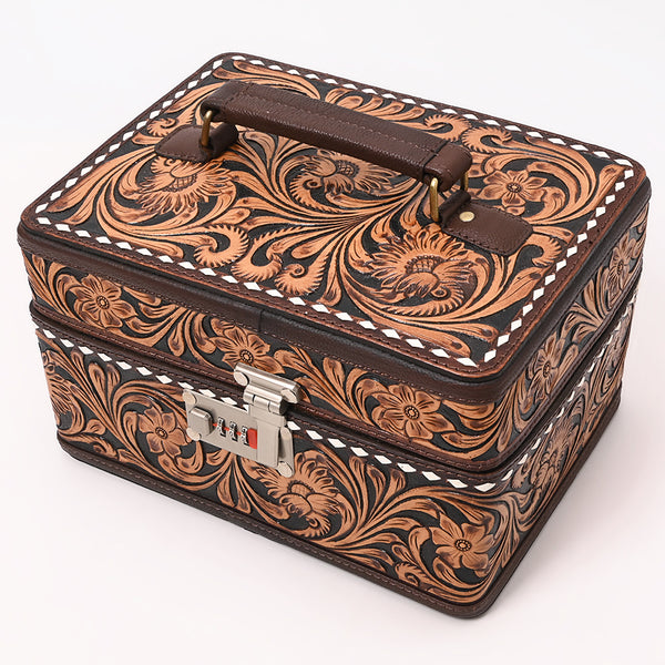 ADBGA634 American Darling Tooled Leather Lockbox with Floral Scrollwork & Combination Lock
