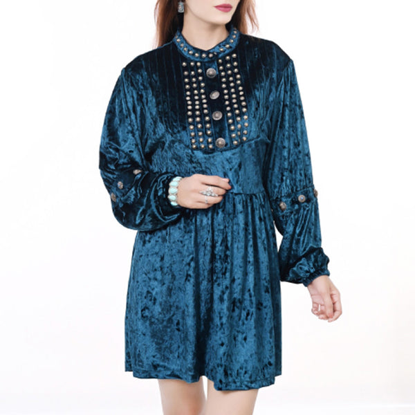 ADDR009 American Darling Teal Crushed Velvet Dress Western Studded Concho Tunic