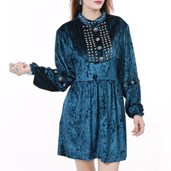 ADDR009 American Darling Teal Crushed Velvet Dress Western Studded Concho Tunic