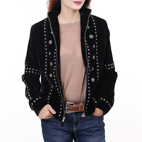 ADDR015 American Darling Black Velvet Fabric Jacket Western Studded Concho Zip Up