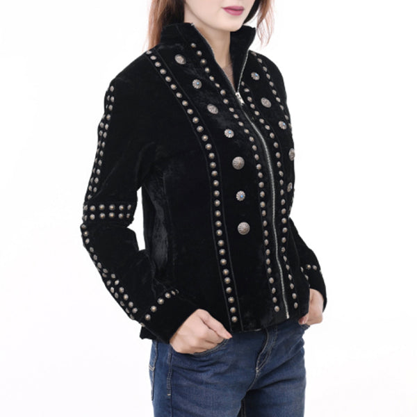 ADDR015 American Darling Black Velvet Fabric Jacket Western Studded Concho Zip Up
