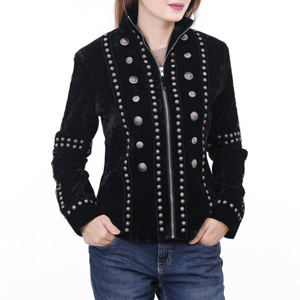 ADDR015 American Darling Black Velvet Fabric Jacket Western Studded Concho Zip Up