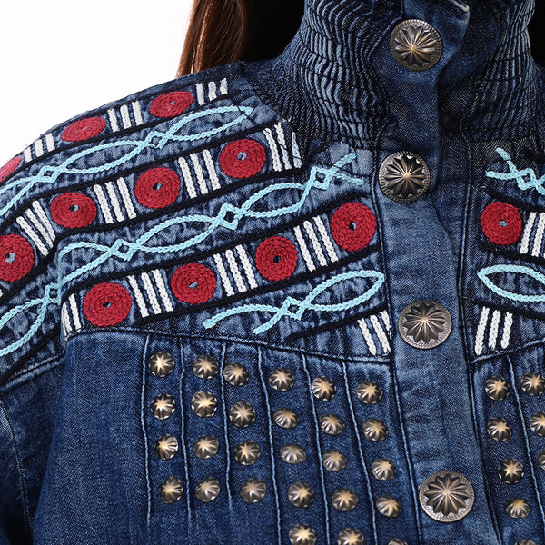 ADDR019 American Darling Boho Denim Tunic Aztec Smocked Studded Sleeve