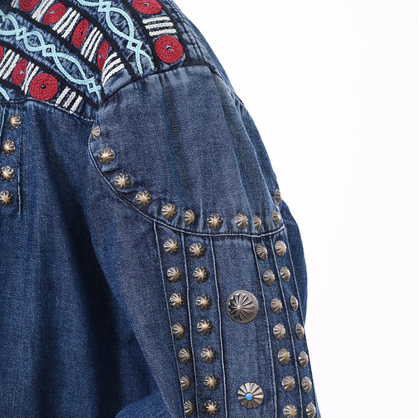 ADDR019 American Darling Boho Denim Tunic Aztec Smocked Studded Sleeve