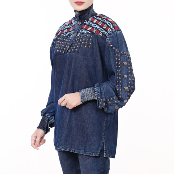 ADDR019 American Darling Boho Denim Tunic Aztec Smocked Studded Sleeve