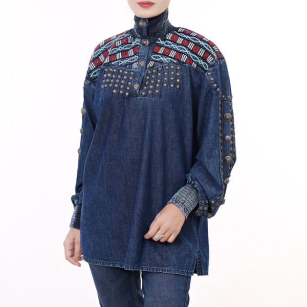 ADDR019 American Darling Boho Denim Tunic Aztec Smocked Studded Sleeve