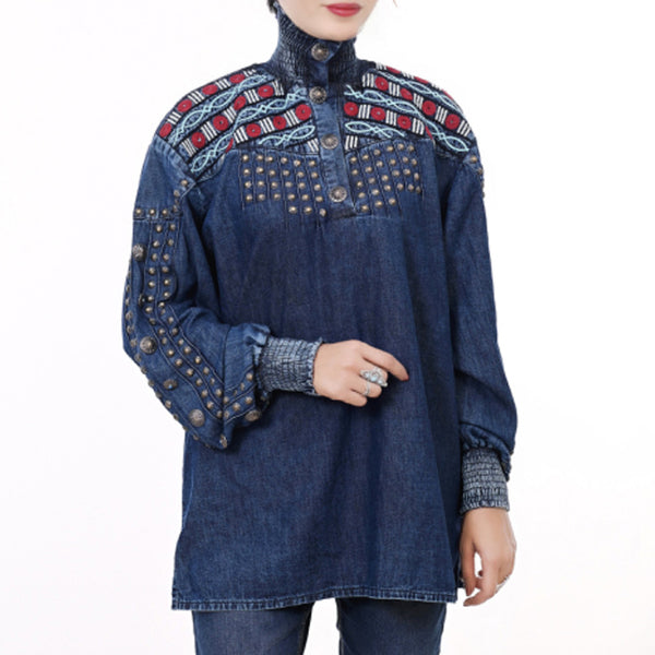 ADDR019 American Darling Boho Denim Tunic Aztec Smocked Studded Sleeve