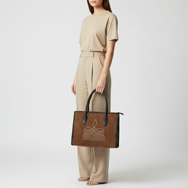 ADBGM484 Genuine suede Western Tote - White Stitch Detail with Braided Trim & Black Leather Handles