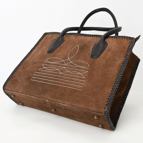 ADBGM484 Genuine suede Western Tote - White Stitch Detail with Braided Trim & Black Leather Handles