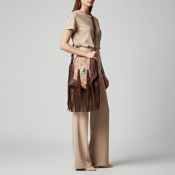 ADBGM487 Two-Tone Leather Fringe Messenger - Western Turquoise Concho & Braided Strap