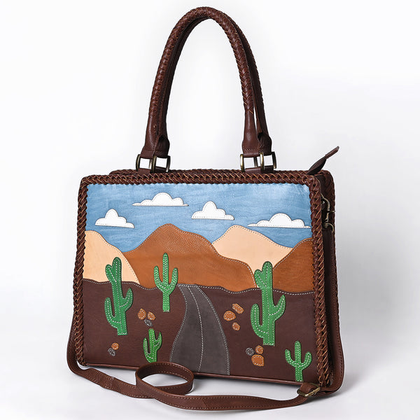 ADBGM489 Desert Road Applique Leather Tote - Western Cactus & Mountain Landscape Handbag