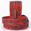 ADBL168 Red Floral Hand-Tooled Leather Belt with Western Oval Buckle