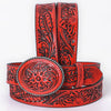 ADBL168 Red Floral Hand-Tooled Leather Belt with Western Oval Buckle