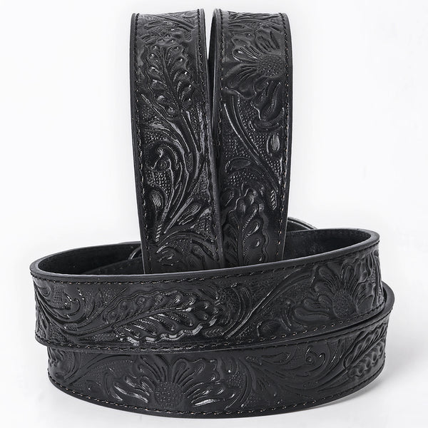 ADBL171 Hand-Tooled Black Floral Western Leather Belt with Oval Buckle