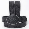 ADBL171 Hand-Tooled Black Floral Western Leather Belt with Oval Buckle