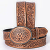 ADBL174 Hand-Tooled Copper Brown Western Leather Belt with Floral Oval Buckle