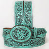 ADBL175 Hand-Tooled Turquoise Floral Western Leather Belt with Oval Buckle