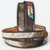 ADBLF268 Feather Tooled Leather Belt with Hair-On Hide Inlay and Turquoise Accents