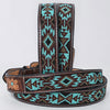 ADBLF269 Turquoise Beaded Navajo Western Belt with Tooled Bull Skull Buckle