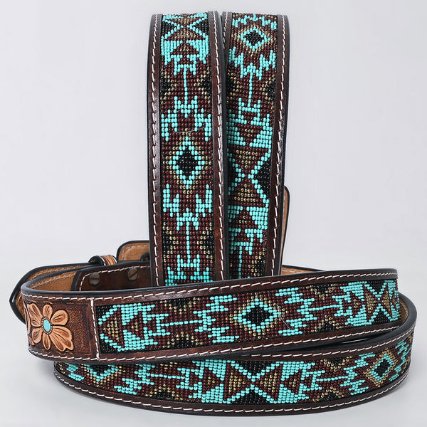 ADBLF269 Turquoise Beaded Navajo Western Belt with Tooled Bull Skull Buckle