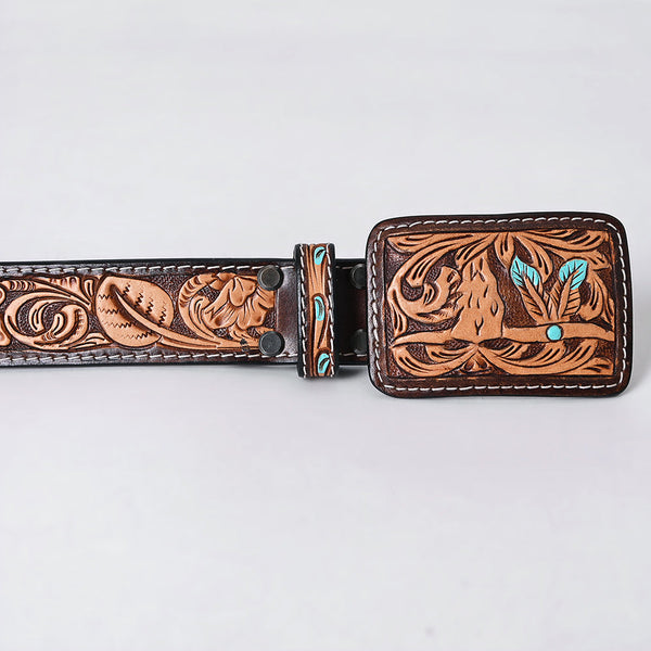 ADBLF269 Turquoise Beaded Navajo Western Belt with Tooled Bull Skull Buckle