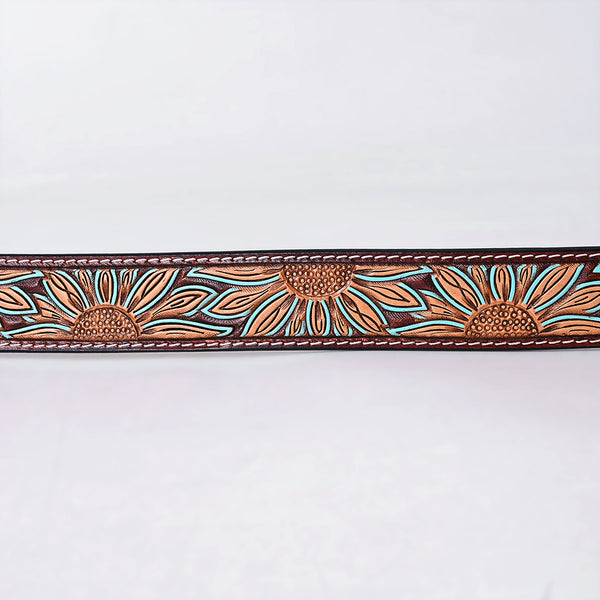 ADBLF273 Tooled Leather Western Belt - Oversized Sunflower Design with Turquoise Accents