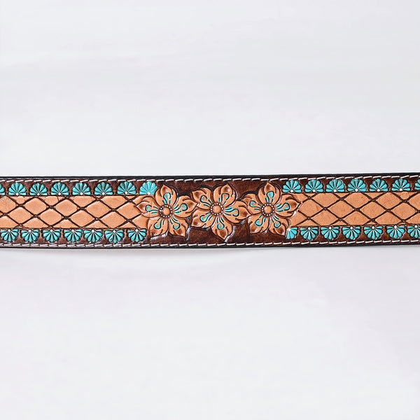ADBLF274 Tooled Leather Western Belt - Lattice Floral Pattern with Turquoise Accents
