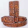 ADBLF278 Hand-Tooled Western Leather Belt - Floral Swirl with White Diamond Border