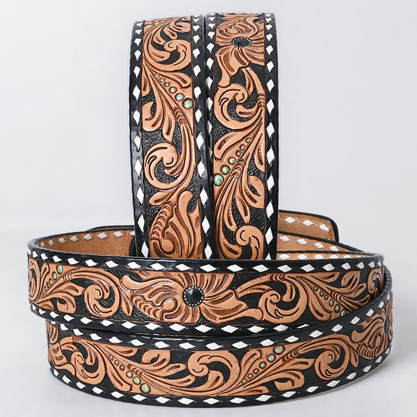 ADBLF279 Tooled Leather Western Belt - Black Inlay with Floral Design and White Edge