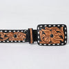 ADBLF279 Tooled Leather Western Belt - Black Inlay with Floral Design and White Edge