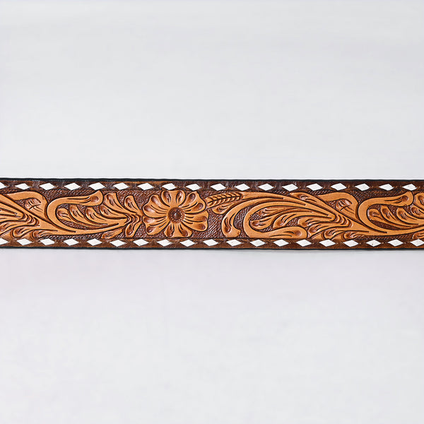 ADBLF281 Western Tooled Leather Belt - Classic Tan Floral Carving with White Diamond Trim