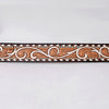 ADBLF286 Tooled Western Leather Belt - White Scroll with Turquoise Studs