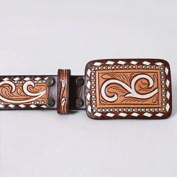 ADBLF286 Tooled Western Leather Belt - White Scroll with Turquoise Studs