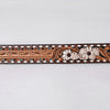 ADBLF287 Hand-Tooled Leather Western Belt - White Floral with Turquoise Studs