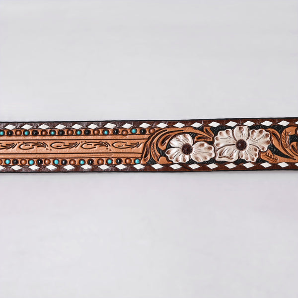 ADBLF287 Hand-Tooled Leather Western Belt - White Floral with Turquoise Studs